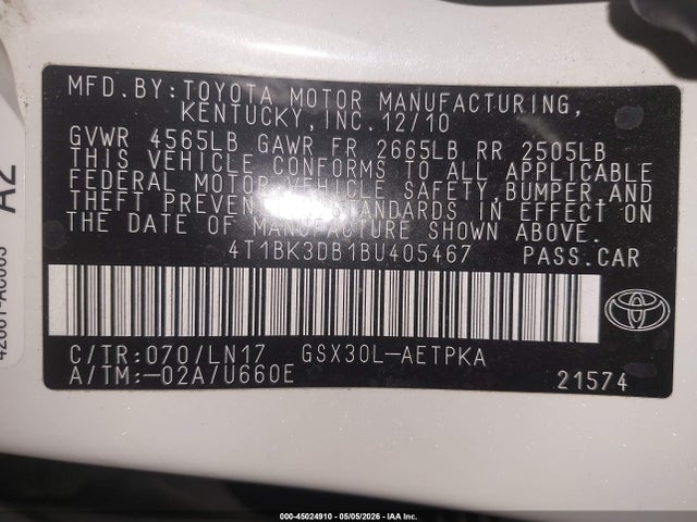 2011 Toyota Avalon Limited მანქანა იყიდება აუქციონზე, vin: 4T1BK3DB1BU405467, აუქციონის ნომერი: 45024910