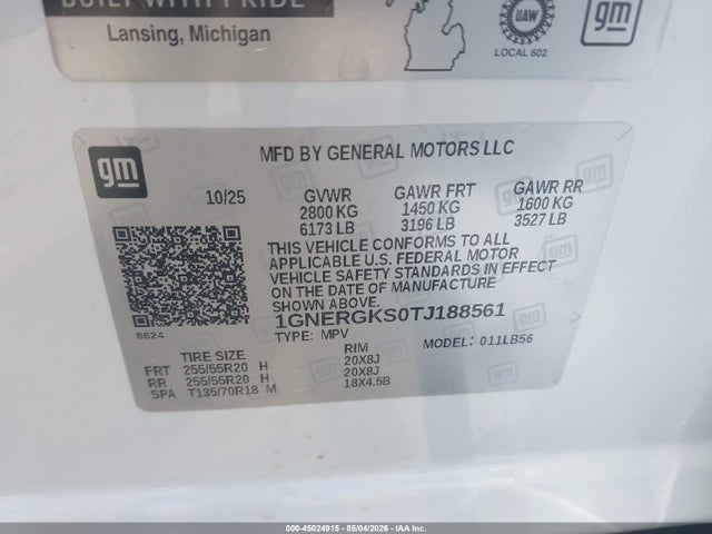 Продажа на аукционе авто 2026 Chevrolet Traverse Fwd Lt, vin: 1GNERGKS0TJ188561, номер лота: 45024915