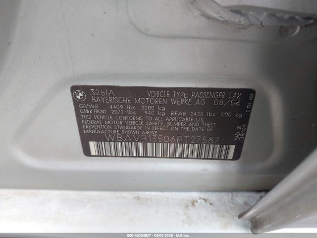 Продаж на аукціоні авто 2006 Bmw 325i, vin: WBAVB13506PT27587, номер лоту: 45024927