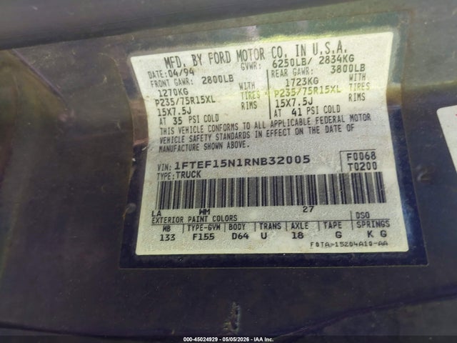 Продаж на аукціоні авто 1994 Ford F150, vin: 1FTEF15N1RNB32005, номер лоту: 45024929