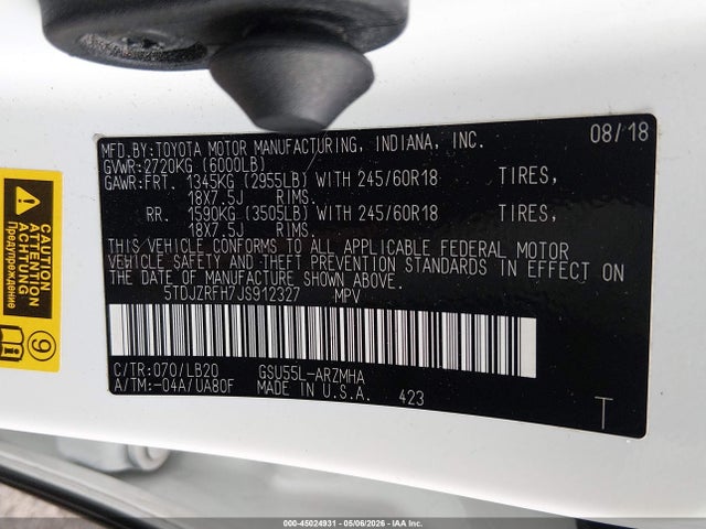 Продаж на аукціоні авто 2018 Toyota Highlander Xle, vin: 5TDJZRFH7JS912327, номер лоту: 45024931