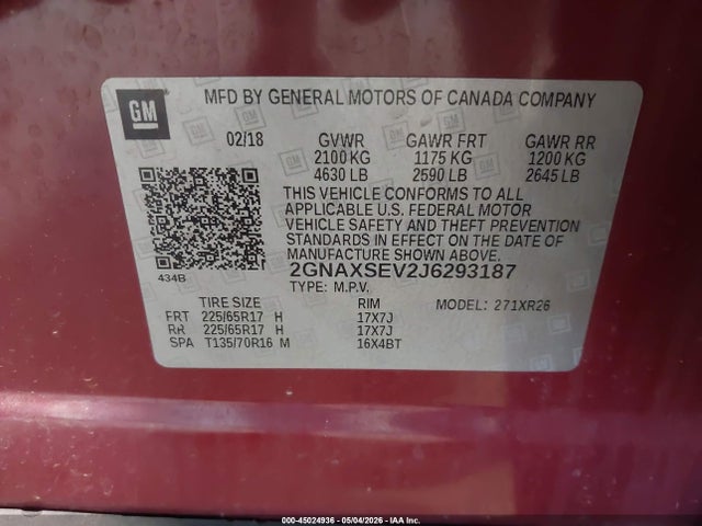 45024936 :رقم المزاد ، 2GNAXSEV2J6293187 vin ، 2018 Chevrolet Equinox Lt مزاد بيع