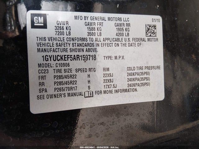 Aukcja sprzedaży 2010 Cadillac Escalade Esv Platinum, vin: 1GYUCKEF5AR159718, numer aukcji: 45024941