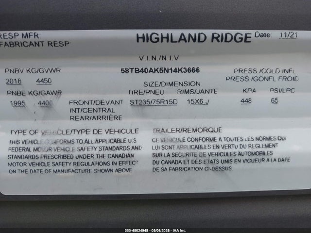 45024948 :رقم المزاد ، 58TB40AK5N14K3666 vin ، 2022 Highland Ridge Olympia مزاد بيع