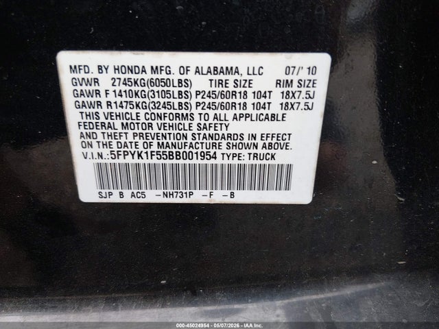 Продаж на аукціоні авто 2011 Honda Ridgeline Rtl, vin: 5FPYK1F55BB001954, номер лоту: 45024954