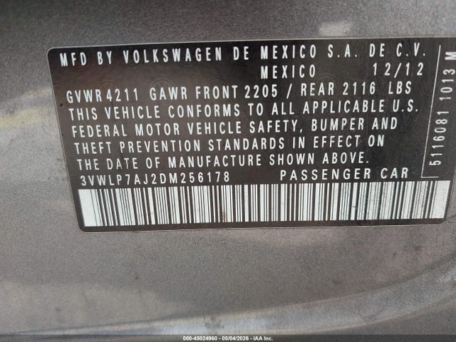 Продаж на аукціоні авто 2013 Volkswagen Jetta 2.5l Sel, vin: 3VWLP7AJ2DM256178, номер лоту: 45024960