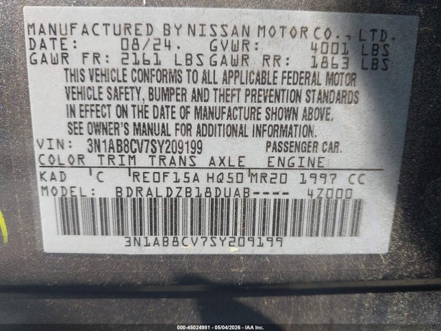 2025 Nissan Sentra Sv მანქანა იყიდება აუქციონზე, vin: 3N1AB8CV7SY209199, აუქციონის ნომერი: 45024981