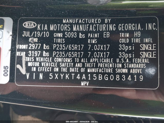 45024997 :رقم المزاد ، 5XYKT4A15BG083419 vin ، 2011 Kia Sorento Lx مزاد بيع