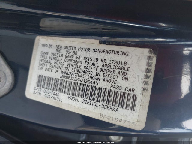 Aukcja sprzedaży 1998 Toyota Corolla Ve, vin: 1NXBR12E8WZ120445, numer aukcji: 45024998