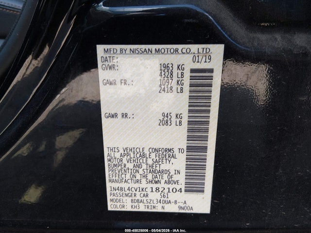 Продажа на аукционе авто 2019 Nissan Altima 2.5 Sr, vin: 1N4BL4CV1KC182104, номер лота: 45025006