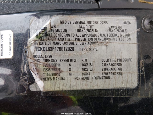 45025011 :رقم المزاد ، 2CKDL63F176012020 vin ، 2007 Pontiac Torrent مزاد بيع