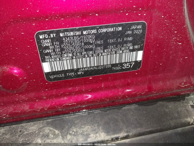 2020 Mitsubishi Outlander Sport 2.0 Be Awc/2.0 Es Awc/2.0 Se Awc/2.0 Sp Awc მანქანა იყიდება აუქციონზე, vin: JA4AR3AUXLU027355, აუქციონის ნომერი: 45025013