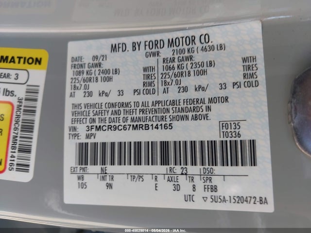 2021 Ford Bronco Sport Outer Banks მანქანა იყიდება აუქციონზე, vin: 3FMCR9C67MRB14165, აუქციონის ნომერი: 45025014