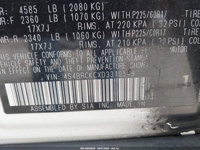 2013 Subaru Outback 2.5i Limited მანქანა იყიდება აუქციონზე, vin: 4S4BRCKCXD3310549, აუქციონის ნომერი: 45025025