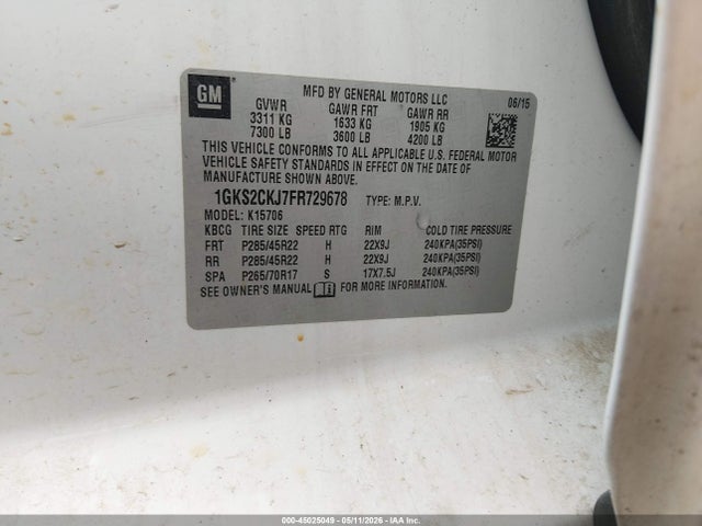 45025049 :رقم المزاد ، 1GKS2CKJ7FR729678 vin ، 2015 Gmc Yukon Denali مزاد بيع