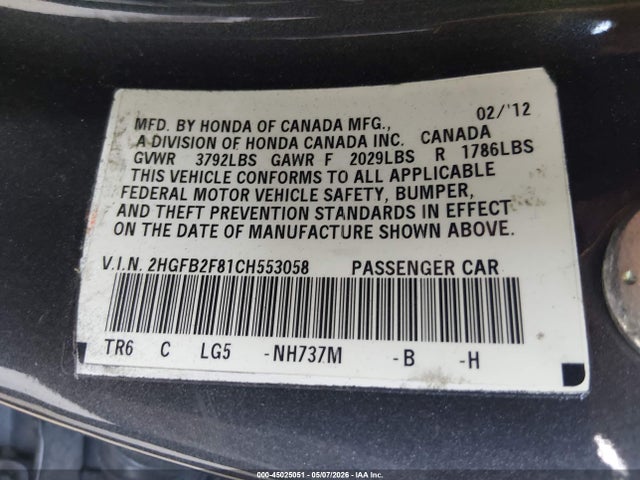 45025051 :رقم المزاد ، 2HGFB2F81CH553058 vin ، 2012 Honda Civic Ex مزاد بيع