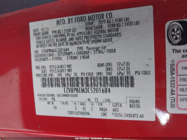 Продажа на аукционе авто 2012 Ford Mustang V6, vin: 1ZVBP8EM3C5201684, номер лота: 45025052