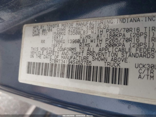 45025056 :رقم المزاد ، 5TBRT34194S452785 vin ، 2004 Toyota Tundra Sr5 V8 مزاد بيع