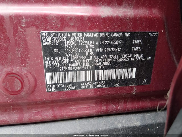 45025070 :رقم المزاد ، 2T3H1RFV3MW154114 vin ، 2021 Toyota Rav4 Le مزاد بيع
