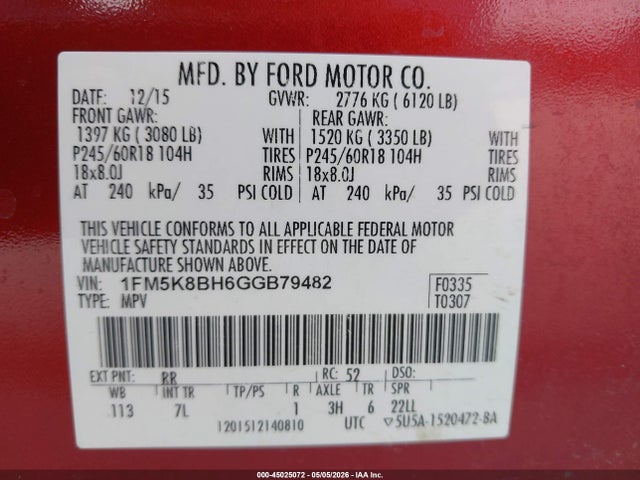Aukcja sprzedaży 2016 Ford Explorer, vin: 1FM5K8BH6GGB79482, numer aukcji: 45025072