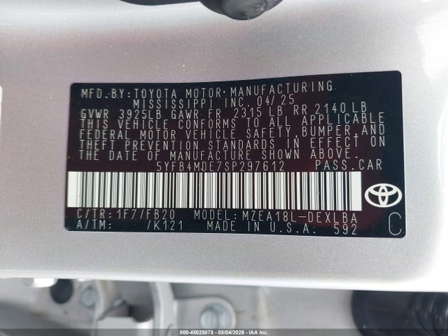 Продажа на аукционе авто 2025 Toyota Corolla Le, vin: 5YFB4MDE7SP297612, номер лота: 45025078