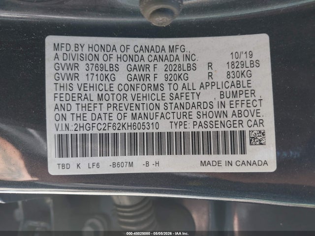 Aukcja sprzedaży 2019 Honda Civic Lx, vin: 2HGFC2F62KH605310, numer aukcji: 45025080