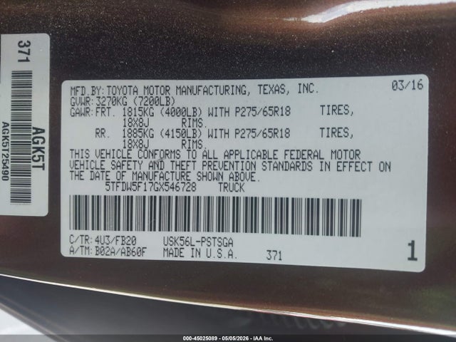 2016 Toyota Tundra Sr5 5.7l V8 მანქანა იყიდება აუქციონზე, vin: 5TFDW5F17GX546728, აუქციონის ნომერი: 45025089