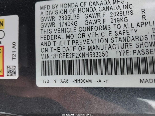 2022 Honda Civic Lx მანქანა იყიდება აუქციონზე, vin: 2HGFE2F2XNH533350, აუქციონის ნომერი: 45025094