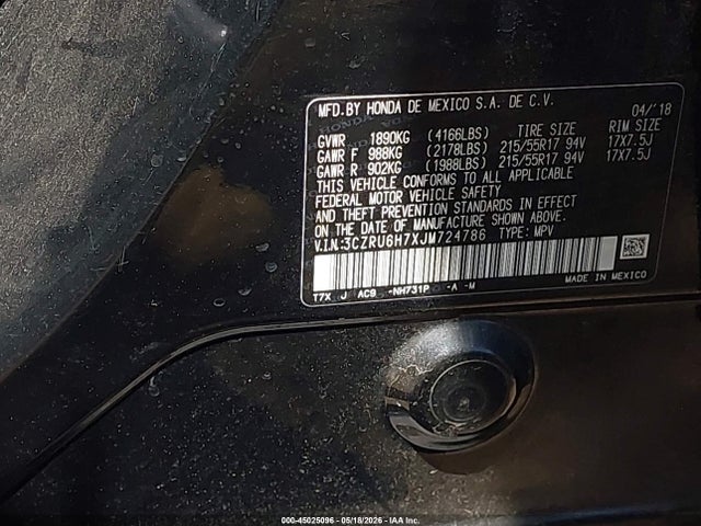 45025096 :رقم المزاد ، 3CZRU6H7XJM724786 vin ، 2018 Honda Hr-v Ex-l مزاد بيع