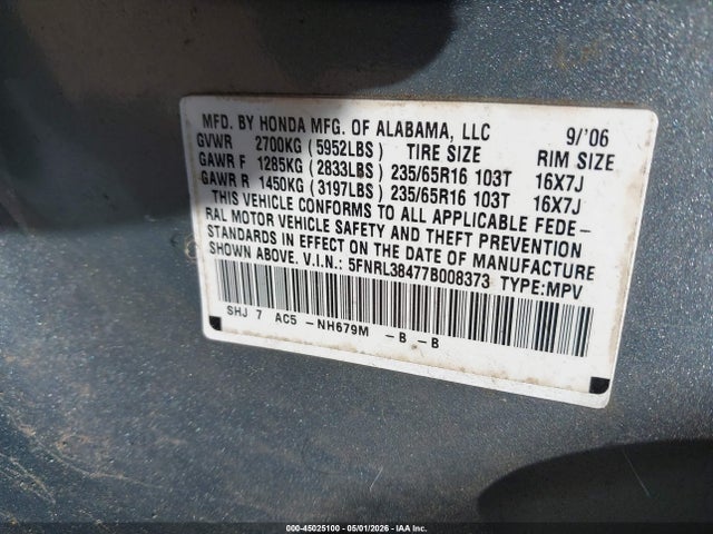 45025100 :رقم المزاد ، 5FNRL38477B008373 vin ، 2007 Honda Odyssey Ex مزاد بيع
