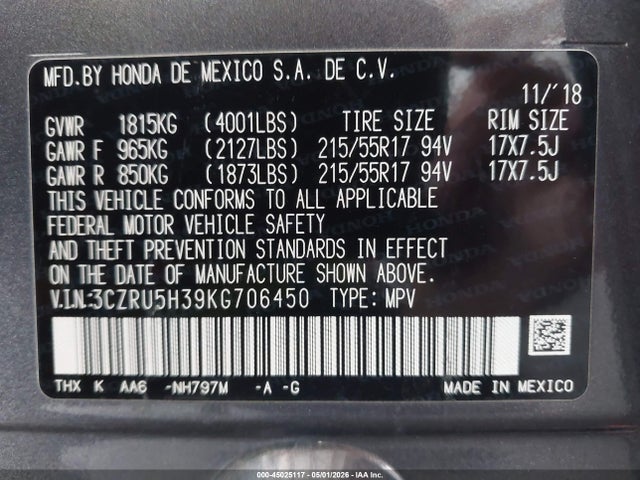 3CZRU5H39KG706450 Honda HR-V LX