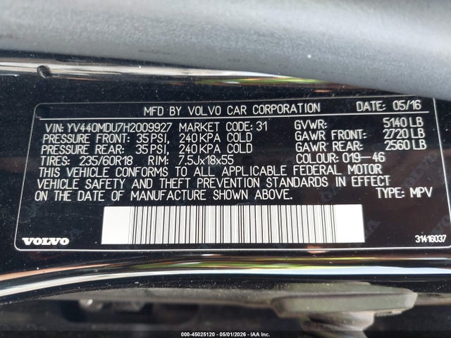 2017 Volvo Xc60 T5 Inscription მანქანა იყიდება აუქციონზე, vin: YV440MDU7H2009927, აუქციონის ნომერი: 45025120