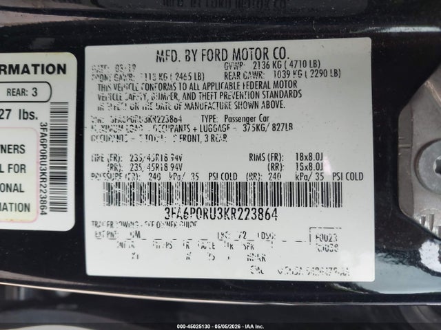 Продажа на аукционе авто 2019 Ford Fusion Hybrid Titanium, vin: 3FA6P0RU3KR223864, номер лота: 45025130