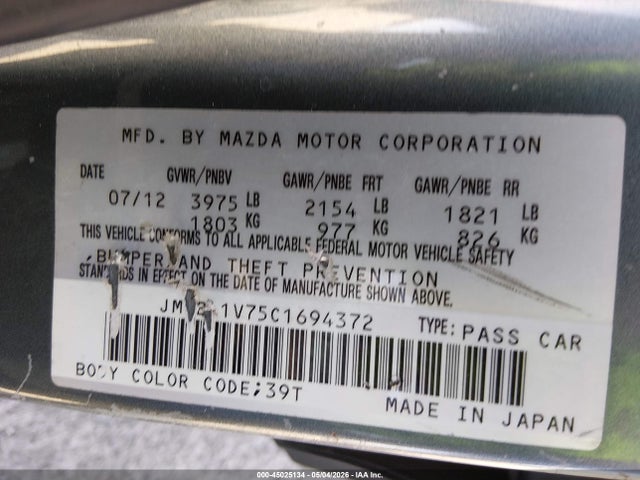 Aukcja sprzedaży 2012 Mazda Mazda3 I Touring, vin: JM1BL1V75C1694372, numer aukcji: 45025134