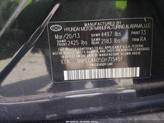 2013 Hyundai Sonata Limited 2.0t მანქანა იყიდება აუქციონზე, vin: 5NPEC4AB5DH715451, აუქციონის ნომერი: 45025136