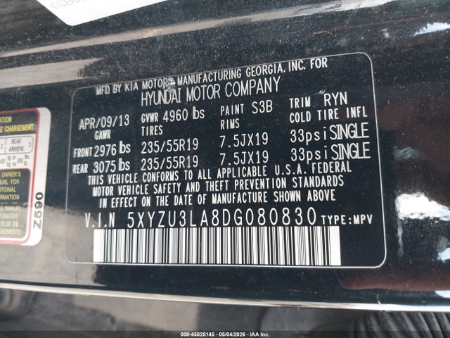 45025145 :رقم المزاد ، 5XYZU3LA8DG080830 vin ، 2013 Hyundai Santa Fe Sport 2.0t مزاد بيع