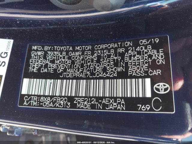 Продаж на аукціоні авто 2020 Toyota Corolla Le, vin: JTDEPRAE7LJ046424, номер лоту: 45025151