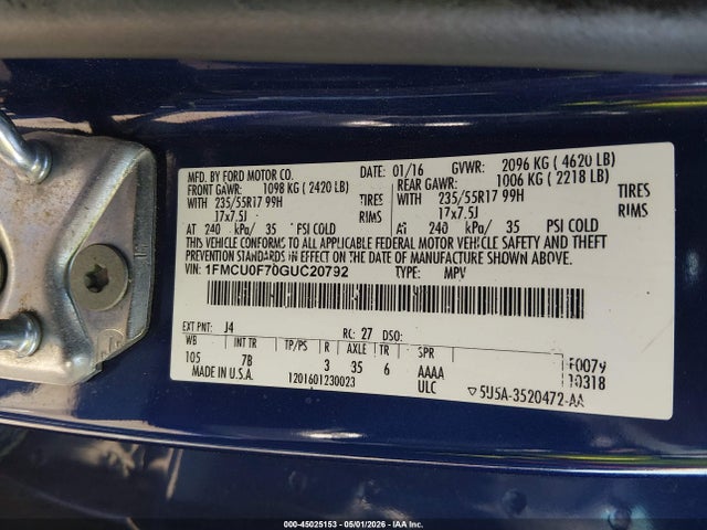 45025153 :رقم المزاد ، 1FMCU0F70GUC20792 vin ، 2016 Ford Escape S مزاد بيع