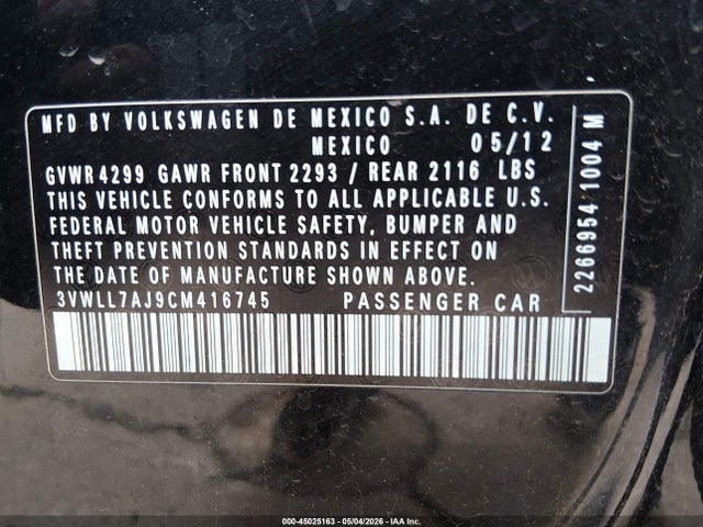 2012 Volkswagen Jetta 2.0l Tdi მანქანა იყიდება აუქციონზე, vin: 3VWLL7AJ9CM416745, აუქციონის ნომერი: 45025163