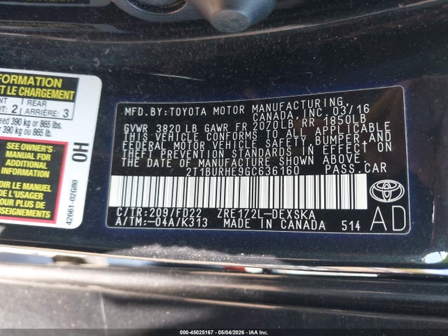 Продаж на аукціоні авто 2016 Toyota Corolla S Plus, vin: 2T1BURHE9GC636160, номер лоту: 45025167