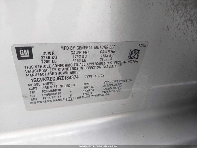 Продаж на аукціоні авто 2016 Chevrolet Silverado 1500 2lt, vin: 1GCVKREC0GZ134374, номер лоту: 45025174