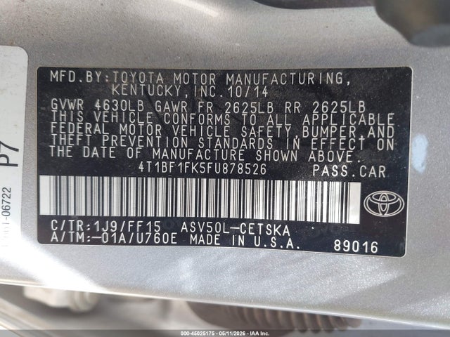 45025175 :رقم المزاد ، 4T1BF1FK5FU878526 vin ، 2015 Toyota Camry Se مزاد بيع