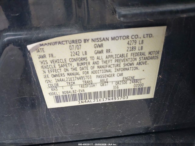 2007 Nissan Altima 2.5 S მანქანა იყიდება აუქციონზე, vin: 1N4AL21E17N495703, აუქციონის ნომერი: 45025177