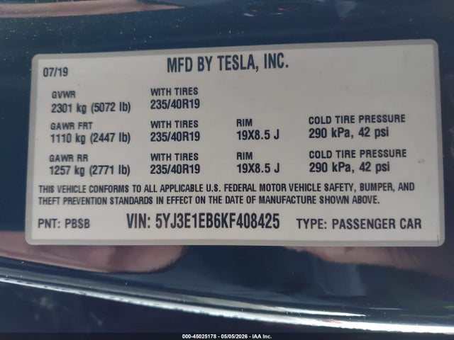 Aukcja sprzedaży 2019 Tesla Model 3 Long Range/performance, vin: 5YJ3E1EB6KF408425, numer aukcji: 45025178