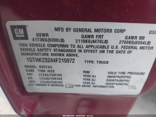 Продажа на аукционе авто 2004 Gmc Sierra 2500hd Slt, vin: 1GTHK23244F215972, номер лота: 45025190