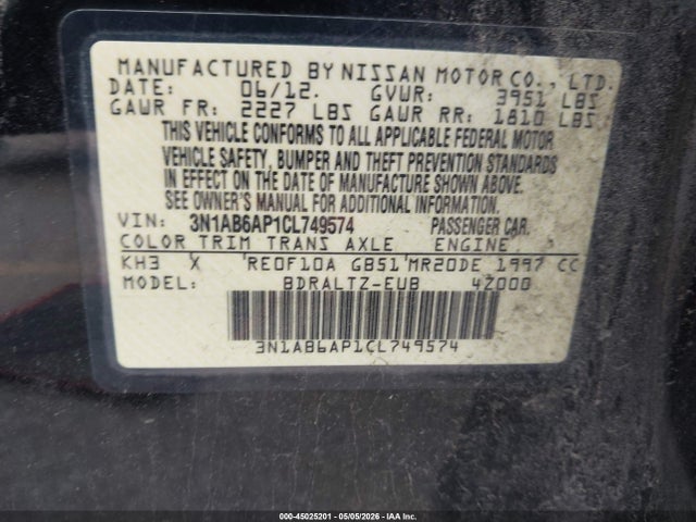 45025201 :رقم المزاد ، 3N1AB6AP1CL749574 vin ، 2012 Nissan Sentra 2.0 Sr مزاد بيع