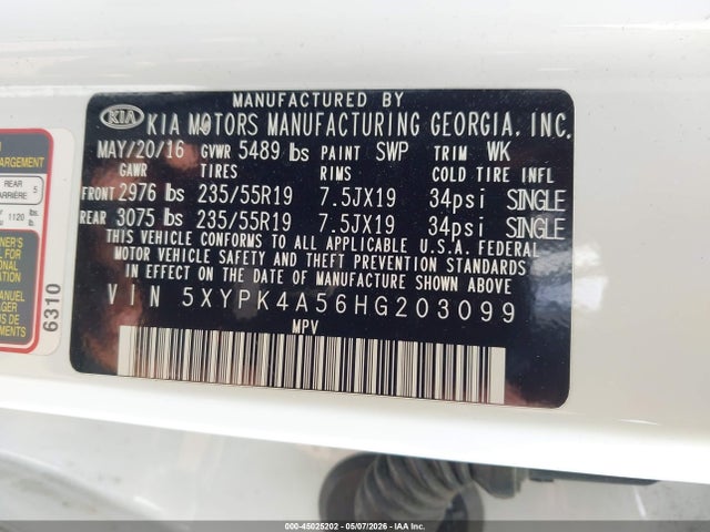 2017 Kia Sorento 3.3l Sx მანქანა იყიდება აუქციონზე, vin: 5XYPK4A56HG203099, აუქციონის ნომერი: 45025202