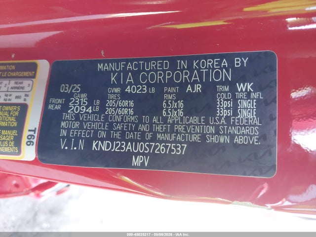 2025 Kia Soul Lx მანქანა იყიდება აუქციონზე, vin: KNDJ23AU0S7267537, აუქციონის ნომერი: 45025217