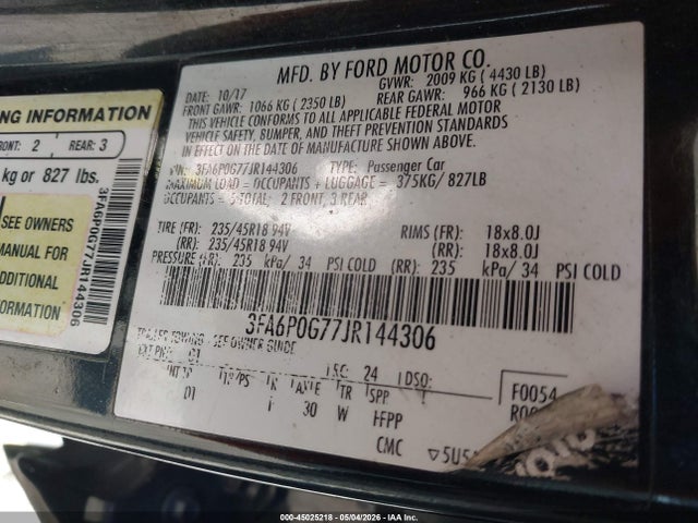 Продаж на аукціоні авто 2018 Ford Fusion S, vin: 3FA6P0G77JR144306, номер лоту: 45025218