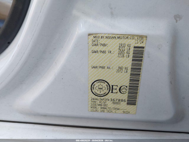 45025220 :رقم المزاد ، 1N4AL3AP1FN367886 vin ، 2015 Nissan Altima 2.5/2.5 S/2.5 Sl/2.5 Sv مزاد بيع